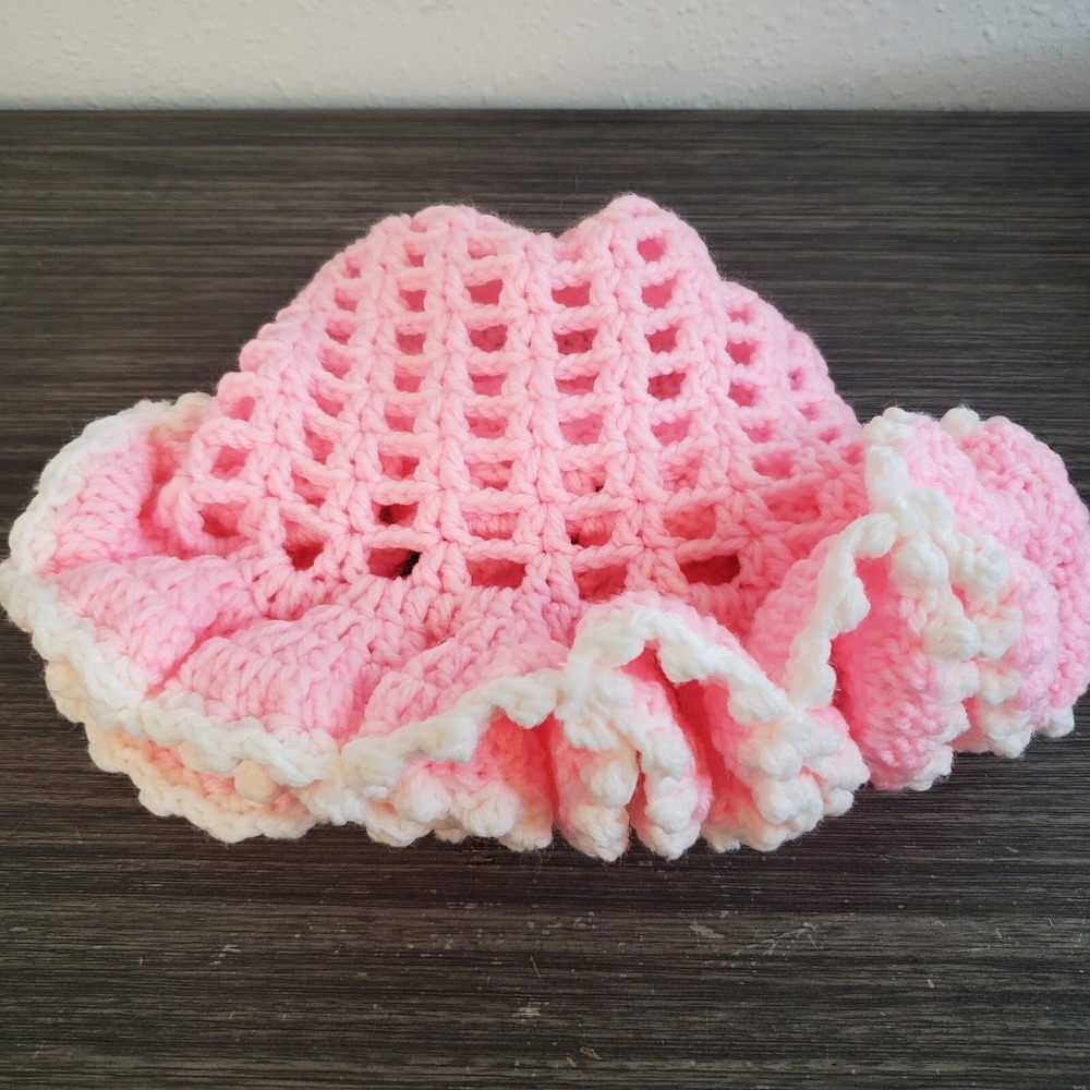Children's Pink Ruffle Crocheted Bucket Hat Girly Coquette Fancy Cap Unique EUC